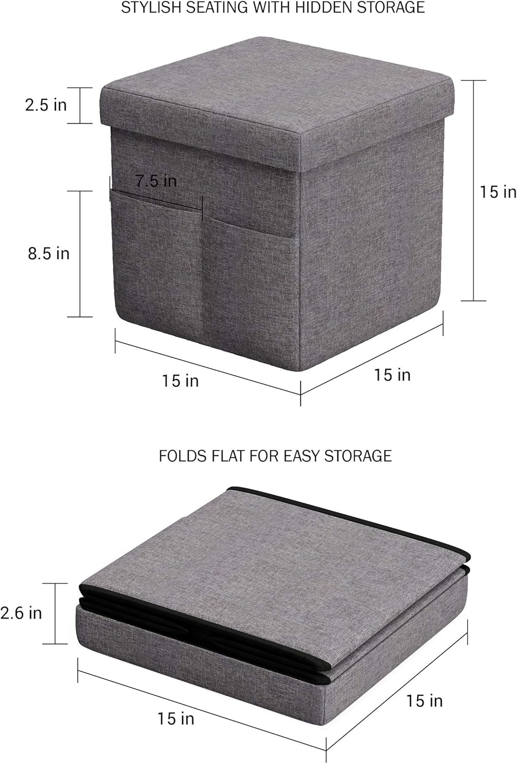 Gray 15 Inch Collapsible Storage Ottomans Compartments