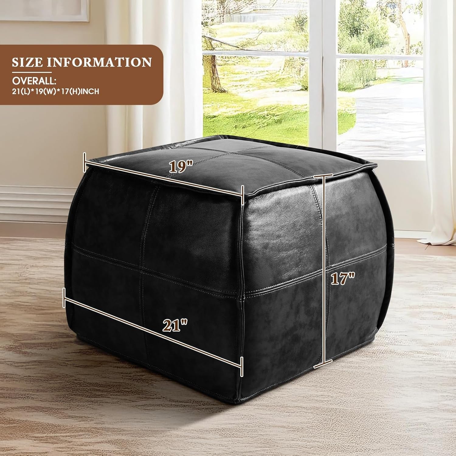 Genuine Full Grain Leather Ottoman Memory Foam Pouf Black
