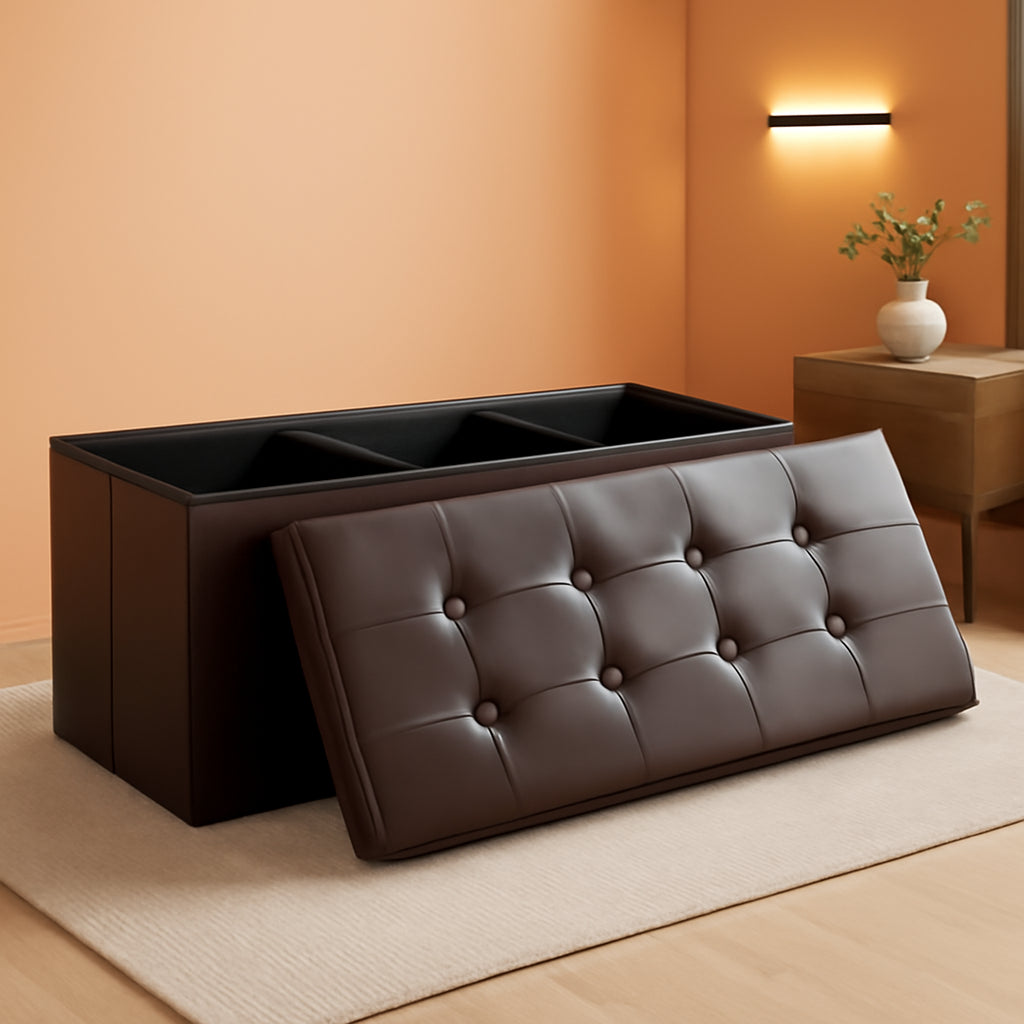 Forty Three Inches Folding Storage Ottoman Bench Brown Leather