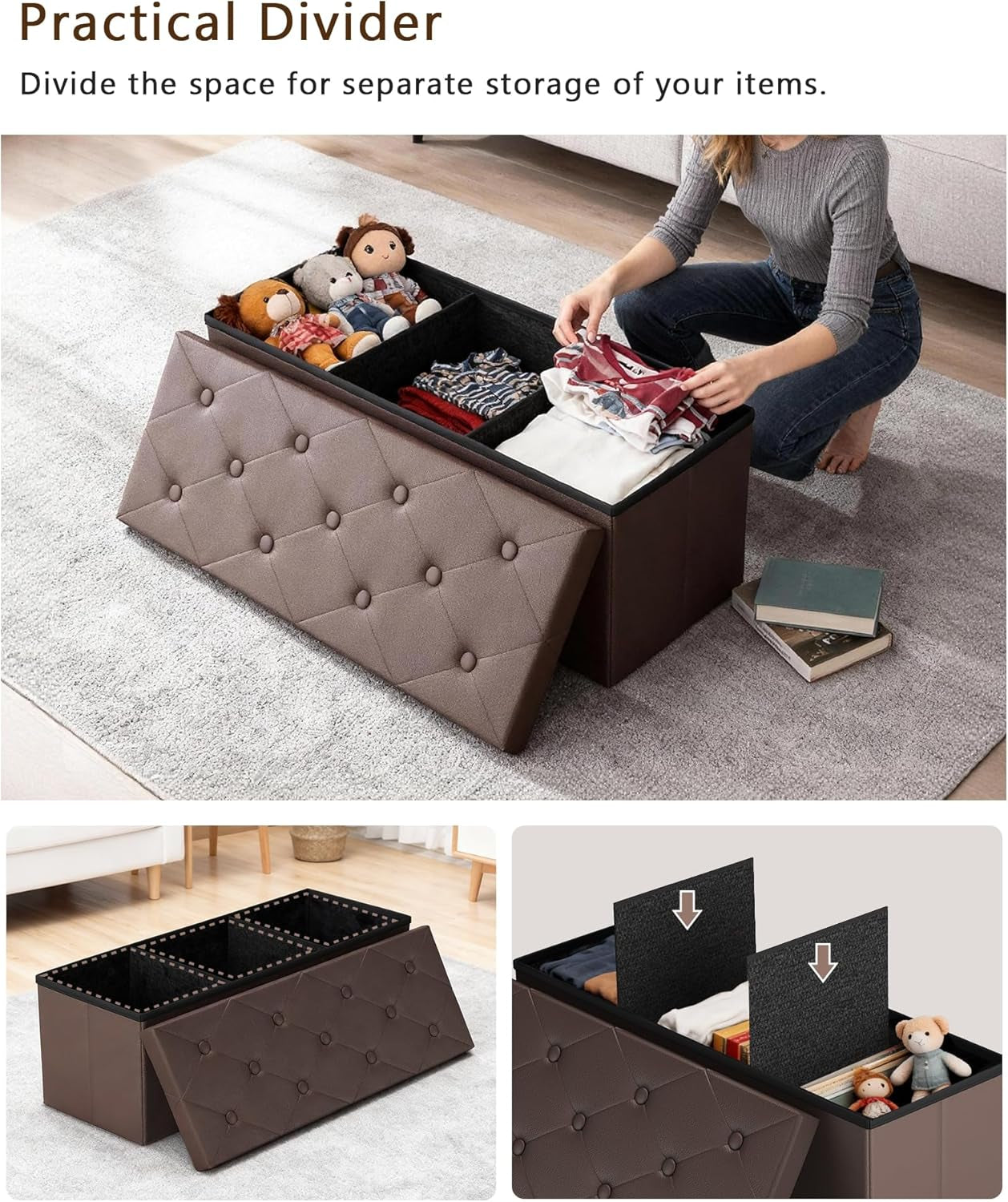 Forty Three Inch Brown Storage Ottoman with Concealed Dividers