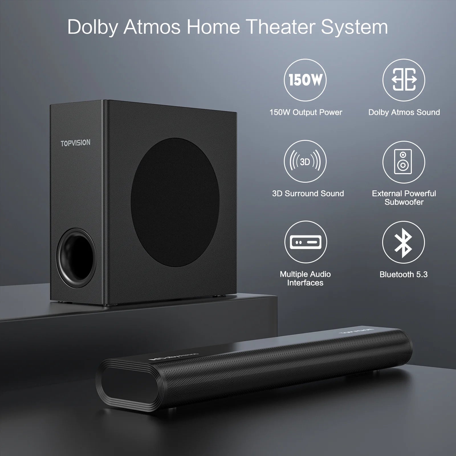 2.1Ch Dolby Atmos Soundbar with Subwoofer, 150W Sound Bar for TV with Bluetooth 5.3, Home Theater Surround System for Tv/Projector/Pc, HDMI Earc, Optical, AUX & USB