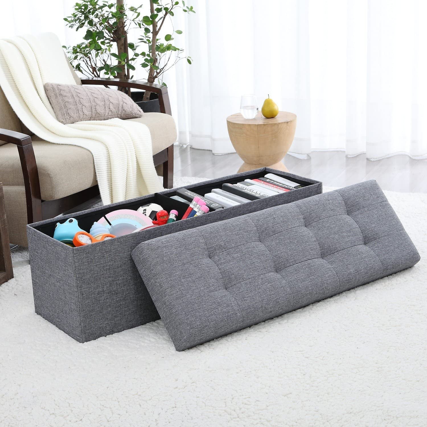 Gray 45 Inch Storage Ottoman Bench Durable Upholstery