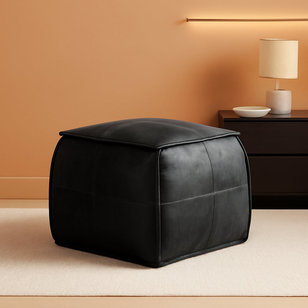 Genuine Full Grain Leather Ottoman Memory Foam Pouf Black