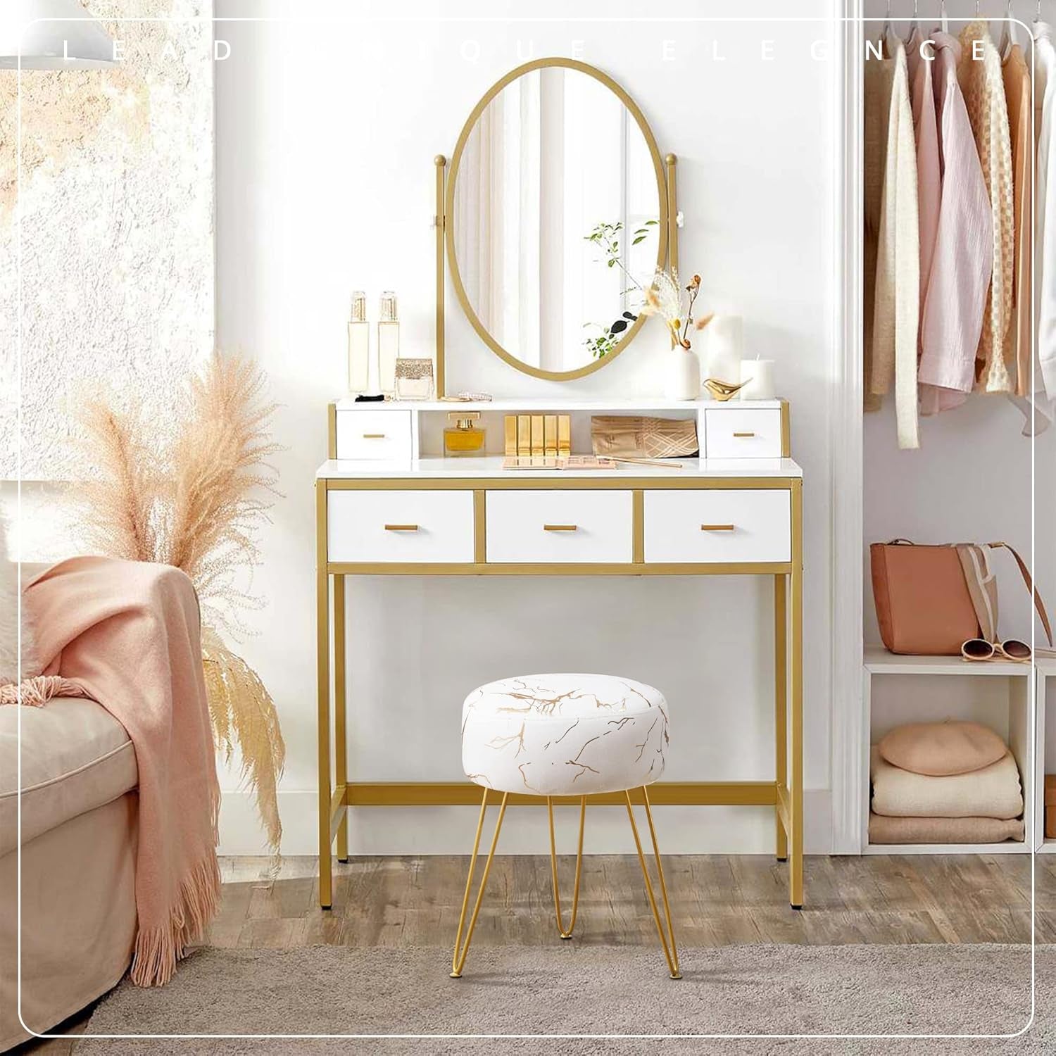 Gold Velvet Lux Vanity Stool 18inch Round Plush Ottoman