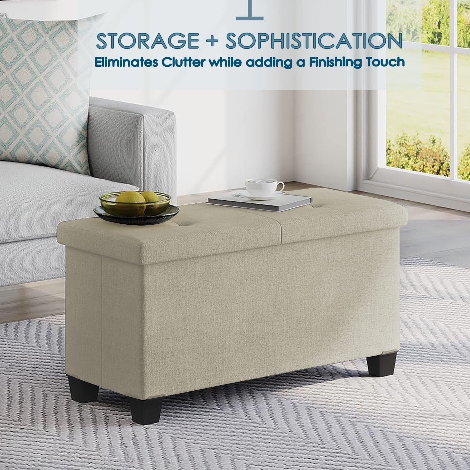 Ivory Linen Ottoman with Removable Storage Bins for Living Room