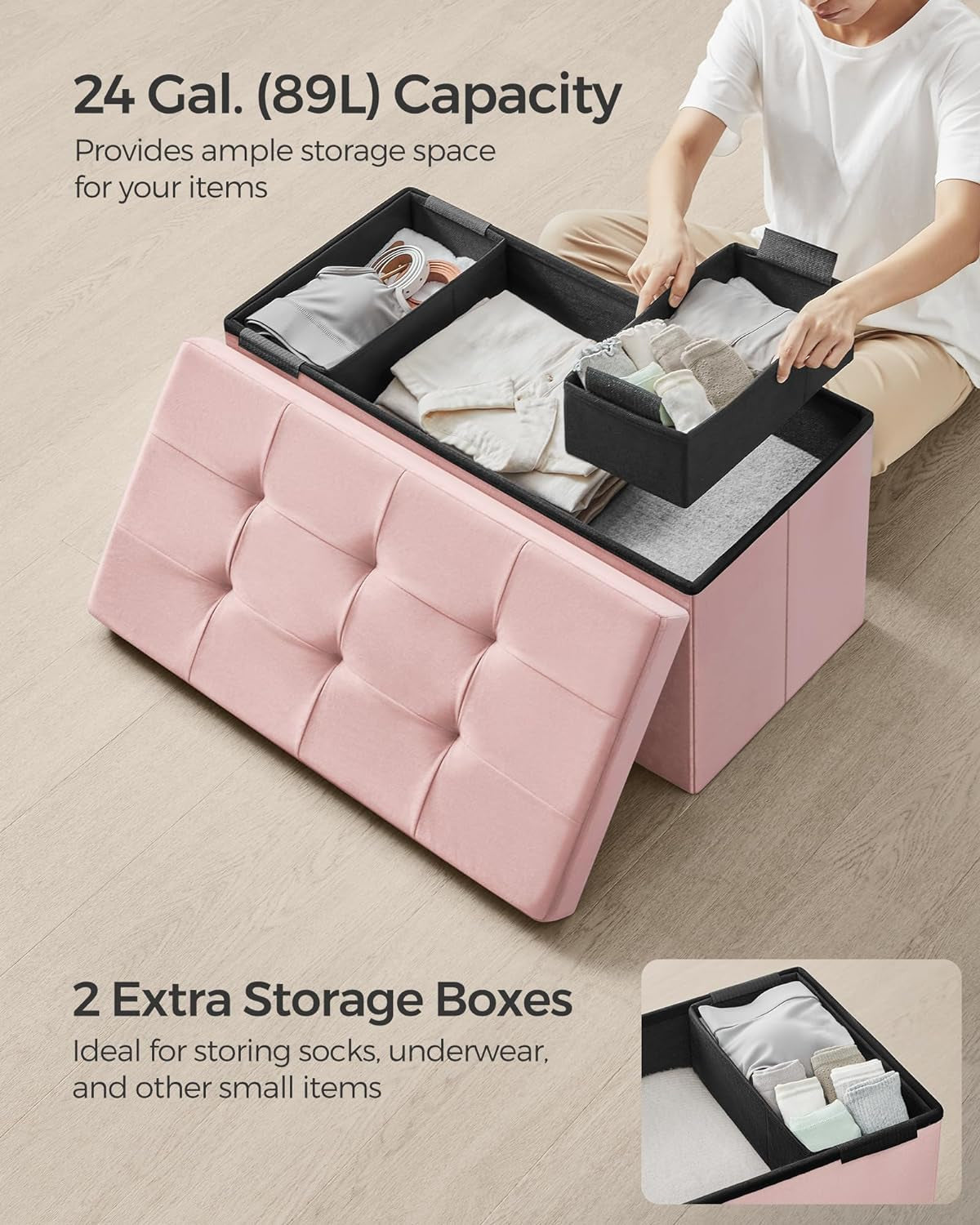 Jelly Pink Foldable Storage Ottoman Bench 15x30x15