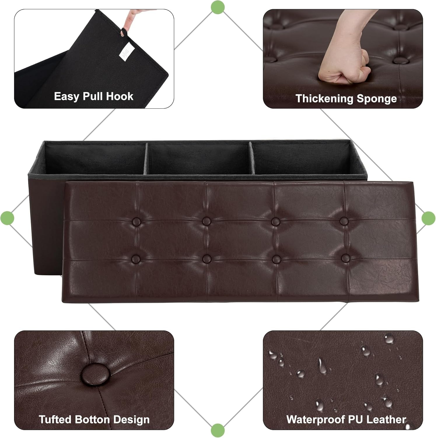 Forty Three Inches Folding Storage Ottoman Bench Brown Leather