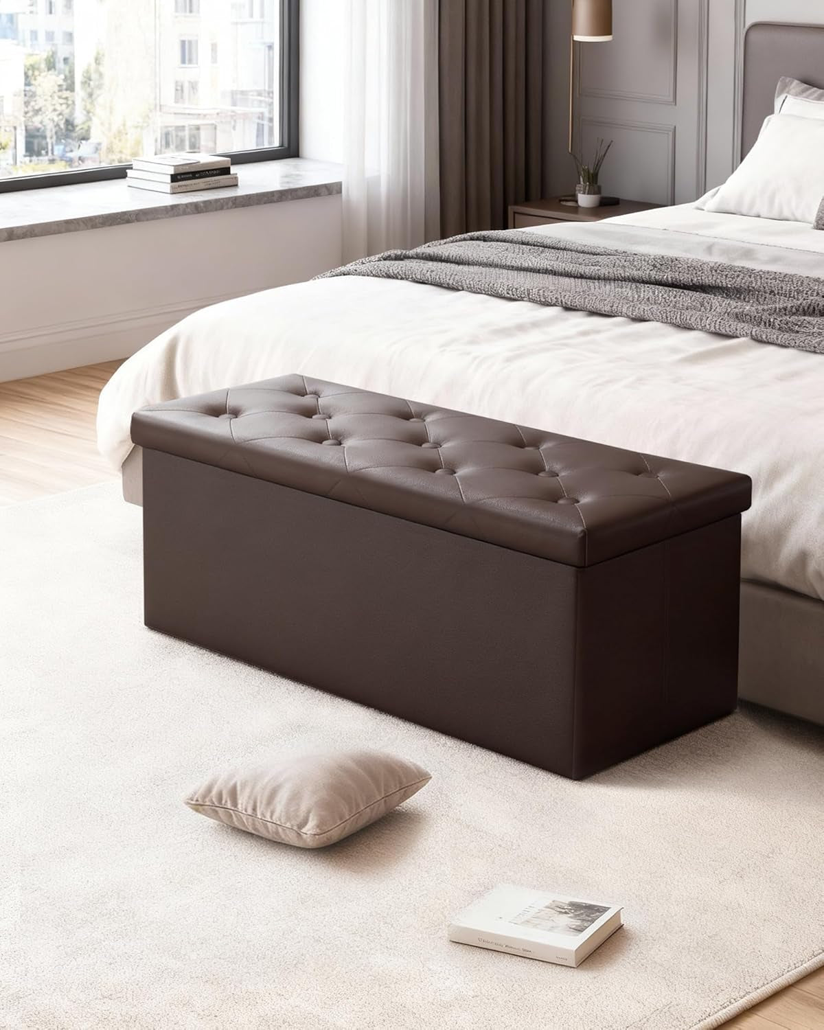 Forty Three Inch Brown Storage Ottoman with Concealed Dividers