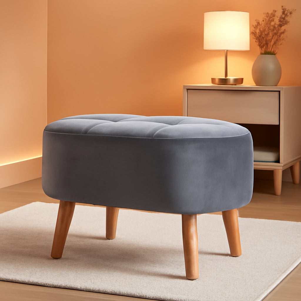 Greyish Velvety Upholstered Wood Ottoman Mid Century