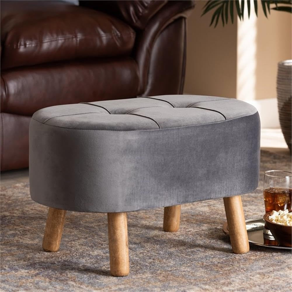 Greyish Velvety Upholstered Wood Ottoman Mid Century